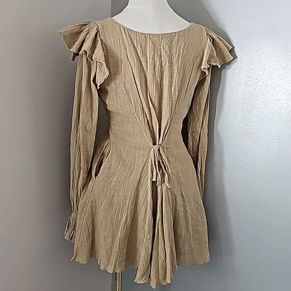 FREE PEOPLE XS In The Mood For Frills Tan Mini Dress - Picture 4 of 5